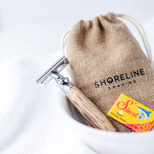 Load image into Gallery viewer, Chrome Silver safety razor with hessian bag and blades - Shoreline Shaving