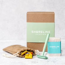 Load image into Gallery viewer, Eco-friendly shaving kit with mint green safety razor - Shoreline Shaving