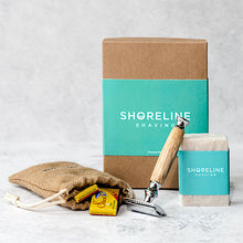 Load image into Gallery viewer, Eco-friendly shaving kit with chrome silver bamboo safety razor, travel bag, shaving soap and blades - Shoreline Shaving