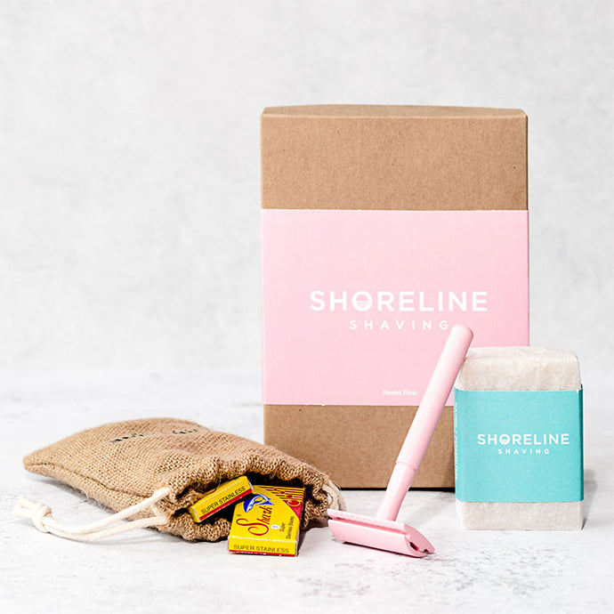 Eco-friendly shaving kit with reusable pastel pink safety razor - Shoreline Shaving