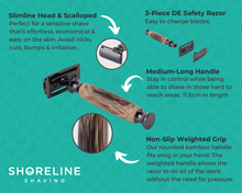 Load image into Gallery viewer, Bamboo safety razor with a slimline head, scalloped edge, medium length handle and non-slip grip - Shoreline Shaving