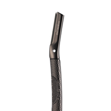 Load image into Gallery viewer, Up close razor head details and logo of matte black metal dermaplaner - Shoreline Shaving