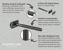 Load image into Gallery viewer, Matte black safety razor with a slimline head, scalloped edge, medium length handle and non-slip grip - Shoreline Shaving
