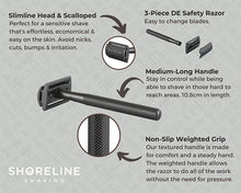 Load image into Gallery viewer, Matte black safety razor with a slimline head, scalloped edge, medium length handle and non-slip grip - Shoreline Shaving