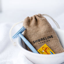 Load image into Gallery viewer, Pale Blue Safety Razor with blades and hessian bag - Shoreline Shaving
