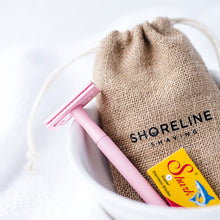 Load image into Gallery viewer, Pastel pink reusable safety razor with hessian bag and blades - Shoreline Shaving