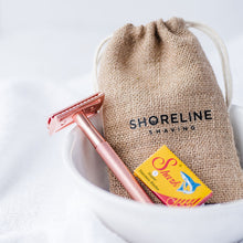 Load image into Gallery viewer, Rose Gold safety razor in a shaving bowl with hessian bag and blades - Shoreline Shaving
