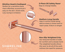 Load image into Gallery viewer, Rose gold safety razor with a slimline head, scalloped edge, medium length handle and non-slip grip - Shoreline Shaving
