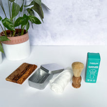 Load image into Gallery viewer, Shaving brush accessory bundle with soap tin, shaving brush with teal box, flat wooden soap dish and bamboo cloth - Shoreline Shaving