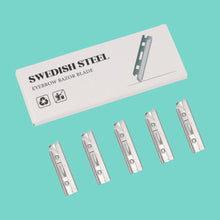 Load image into Gallery viewer, Dermaplaner refill blades in a pack of 5 on a teal background - Shoreline Shaving