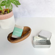Load image into Gallery viewer, Essential shaving soap bundle with oval olive wood soap dish, shaving soap and metal travel soap tin - Shoreline Shaving