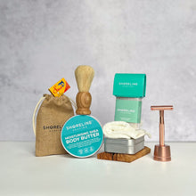 Load image into Gallery viewer, The keen shaver bundle with rose gold safety razor, shaving soap, blade tin, stand, soap tin and many more accessories - Shoreline Shaving