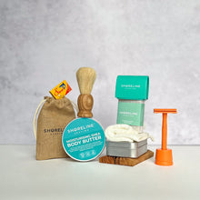 Load image into Gallery viewer, The keen shaver bundle with vivid orange safety razor, shaving soap, blade tin, stand, soap tin and many more accessories - Shoreline Shaving
