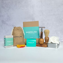 Load image into Gallery viewer, Men's grooming bundle with chrome silver bamboo safety razor shaving kit - Shoreline Shaving