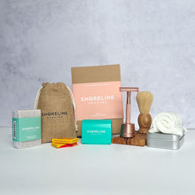 Load image into Gallery viewer, Men's grooming bundle with rose gold safety razor shaving kit - Shoreline Shaving