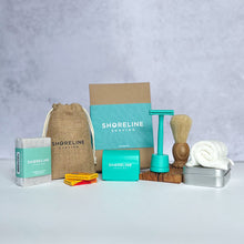 Load image into Gallery viewer, Men&#39;s grooming bundle with signature teal safety razor shaving kit - Shoreline Shaving
