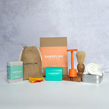 Load image into Gallery viewer, Men's grooming bundle with vivid orange safety razor shaving kit - Shoreline Shaving