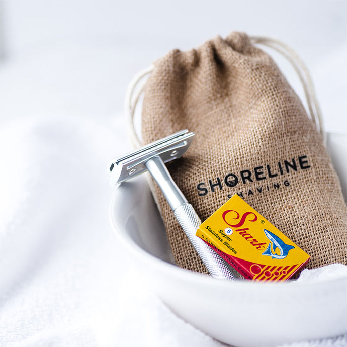 Silver Metal Safety Razor travel set with Hessian Bag and Blades - Shoreline Shaving