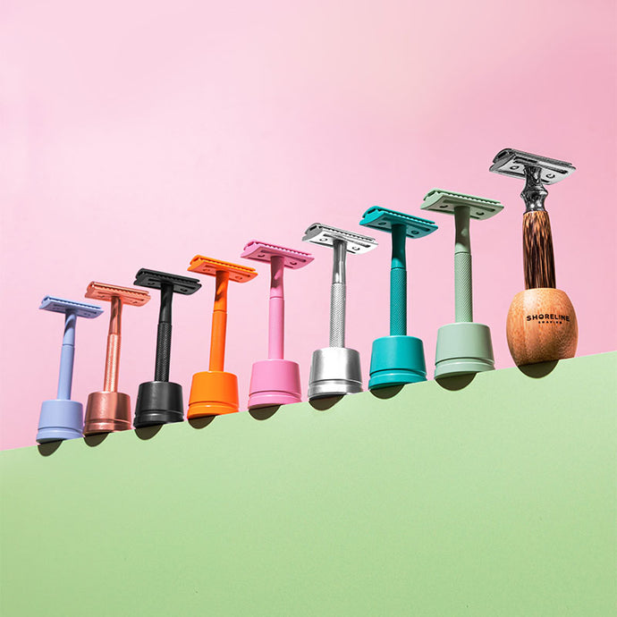 Bamboo and metal safety razor stands in a variety of colours - Shoreline Shaving