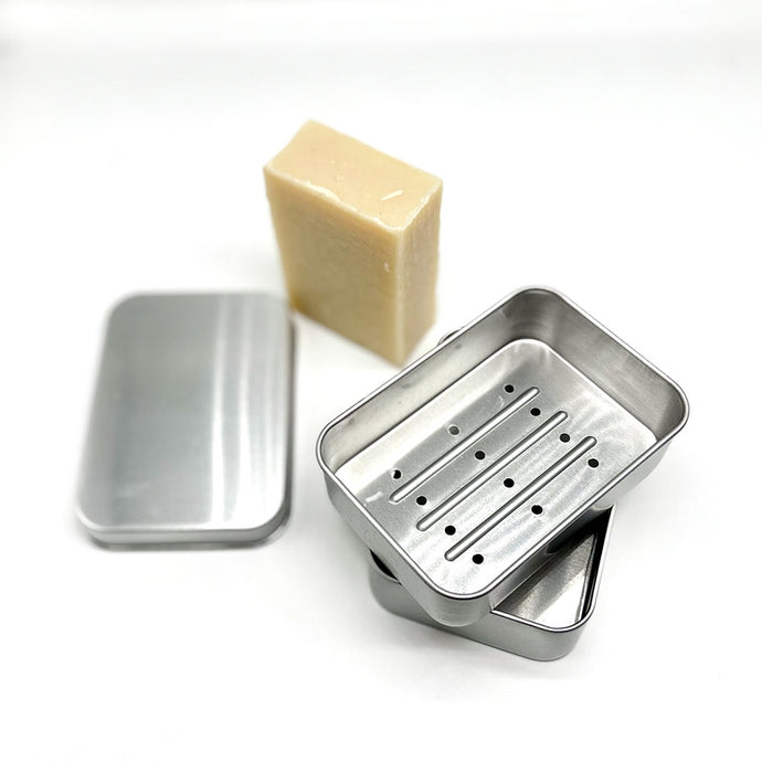 Travel soap tin with drip tray and shaving soap - Shoreline Shaving
