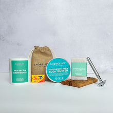 Load image into Gallery viewer, Winter pamper bundle with classic silver (shiny) razor, soy wax candle, natural moisturiser, soap dish and more shaving accessories - Shoreline Shaving