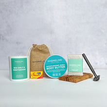 Load image into Gallery viewer, Winter pamper bundle with matte black razor, soy wax candle, natural moisturiser, soap dish and more shaving accessories - Shoreline Shaving