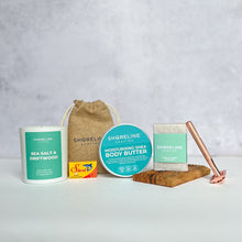 Load image into Gallery viewer, Winter pamper bundle with rose gold razor, soy wax candle, natural moisturiser, soap dish and more shaving accessories - Shoreline Shaving