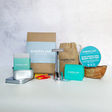 Load image into Gallery viewer, Women's grooming bundle with classic silver (shiny) safety razor, matching stand, blade bank, wooden soap dish, natural moisturiser and more shaving accessories - Shoreline Shaving