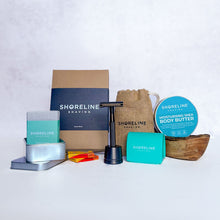 Load image into Gallery viewer, Women's grooming bundle with matte black safety razor, matching stand, blade bank, wooden soap dish, natural moisturiser and more shaving accessories - Shoreline Shaving