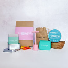 Load image into Gallery viewer, Women's grooming bundle with pastel pink safety razor, matching stand, blade bank, wooden soap dish, natural moisturiser and more shaving accessories - Shoreline Shaving