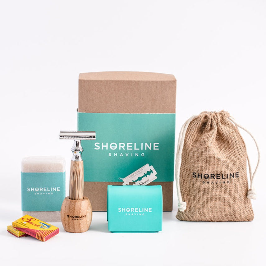 Ultimate eco-shaving kit gift set with chrome silver bamboo safety razor - Shoreline Shaving
