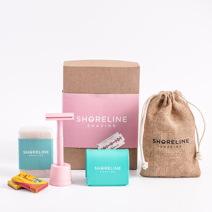 Ultimate eco-shaving kit gift set with pastel pink metal safety razor - Shoreline Shaving
