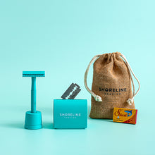 Load image into Gallery viewer, Teal safety razor with blade tin, travel bag and replacement blades - Shoreline Shaving
