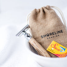 Load image into Gallery viewer, Chrome Silver safety razor with hessian bag and blades - Shoreline Shaving
