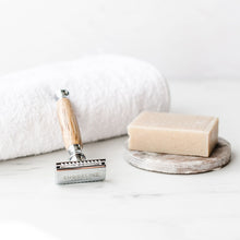 Load image into Gallery viewer, Chrome silver bamboo safety razor with white shaving cloth and natural shaving - Shoreline Shaving
