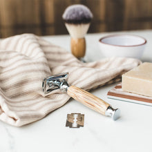 Load image into Gallery viewer, Chrome silver bamboo safety razor with shaving soap and razor blade - Shoreline Shaving
