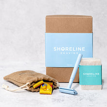 Load image into Gallery viewer, Sustainable shaving kit with pale blue safety razor, shaving soap, hessian bag and blades - Shoreline Shaving
