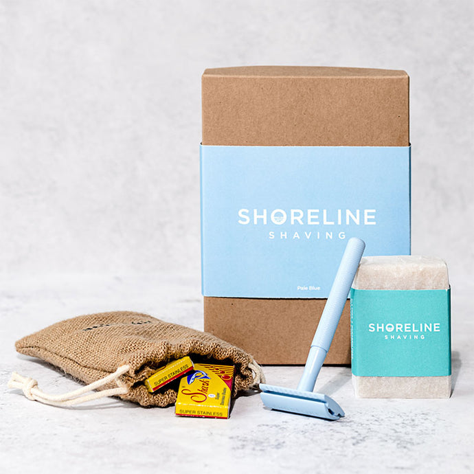 Sustainable shaving kit with pale blue safety razor, shaving soap, hessian bag and blades - Shoreline Shaving