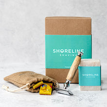 Load image into Gallery viewer, Eco-friendly shaving kit with chrome silver bamboo safety razor, travel bag, shaving soap and blades - Shoreline Shaving
