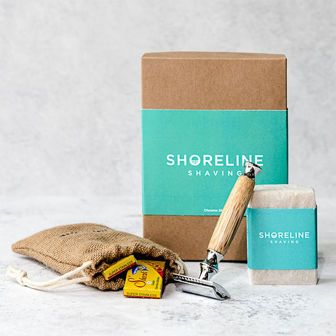 Eco-friendly shaving kit with chrome silver bamboo safety razor, travel bag, shaving soap and blades - Shoreline Shaving