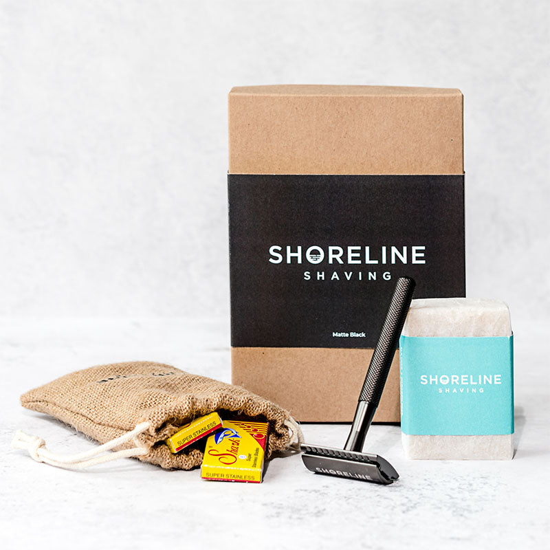 Eco-friendly shaving kit with matte black metal safety razor - Shoreline Shaving
