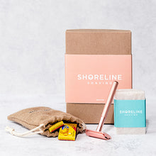 Load image into Gallery viewer, Eco-friendly shaving kit with reusable rose gold metal safety razor - Shoreline Shaving
