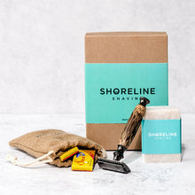 Load image into Gallery viewer, Eco-friendly shaving kit with storm grey bamboo safety razor, shaving soap, blades and hessian travel bag - Shoreline Shaving
