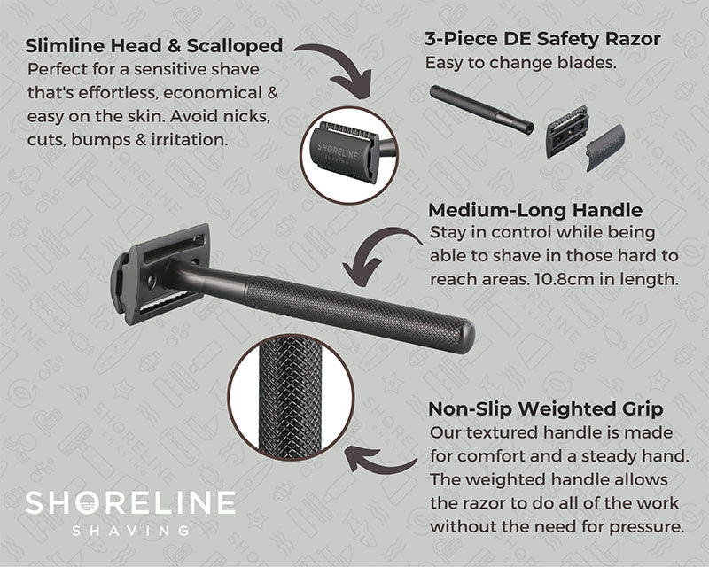 Matte black safety razor with a slimline head, scalloped edge, medium length handle and non-slip grip - Shoreline Shaving