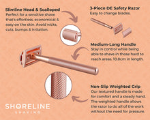 Load image into Gallery viewer, Rose gold safety razor with a slimline head, scalloped edge, medium length handle and non-slip grip - Shoreline Shaving
