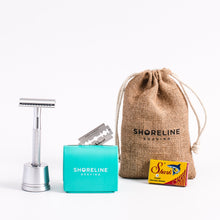 Load image into Gallery viewer, Travel shaving gift set with silver metal safety razor - Shoreline Shaving
