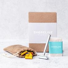 Load image into Gallery viewer, Eco-friendly shaving kit with silver metal safety razor - Shoreline Shaving
