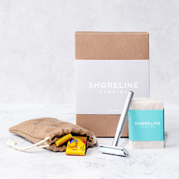 Eco-friendly shaving kit with silver metal safety razor - Shoreline Shaving