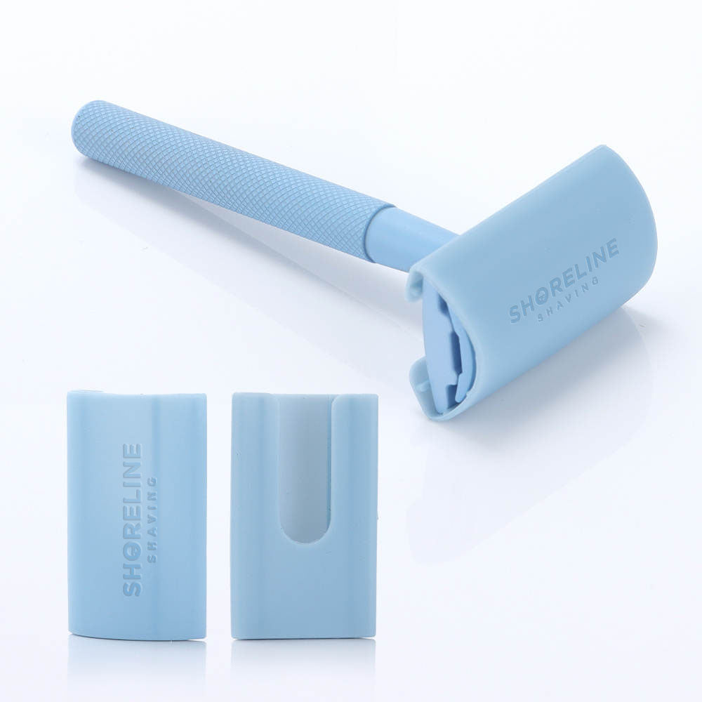 Razor protector with matching pale blue razor - Shoreline Shaving