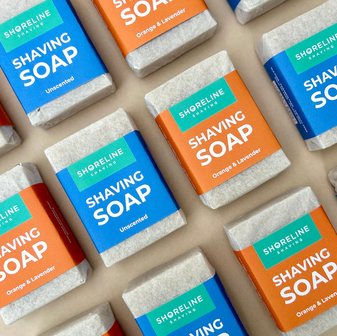 Natural shaving soap lined up next to each other on a nude background- Shoreline Shaving